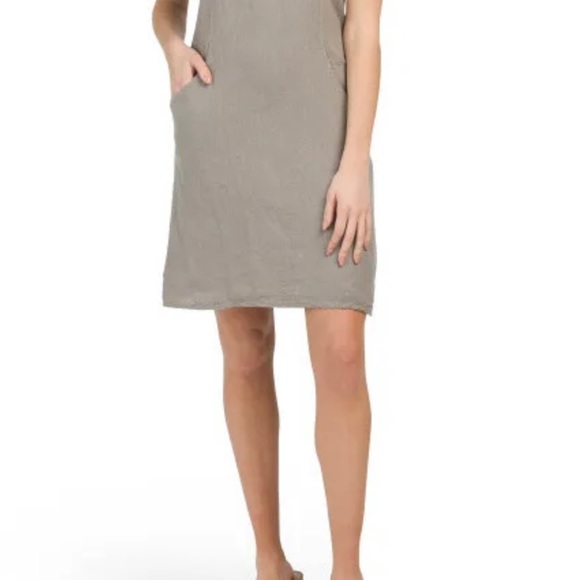 Lina Tomei 100% Linen Gray Sheath Dress Womens Medium Beaded Neck Stretch NWT - Picture 7 of 13